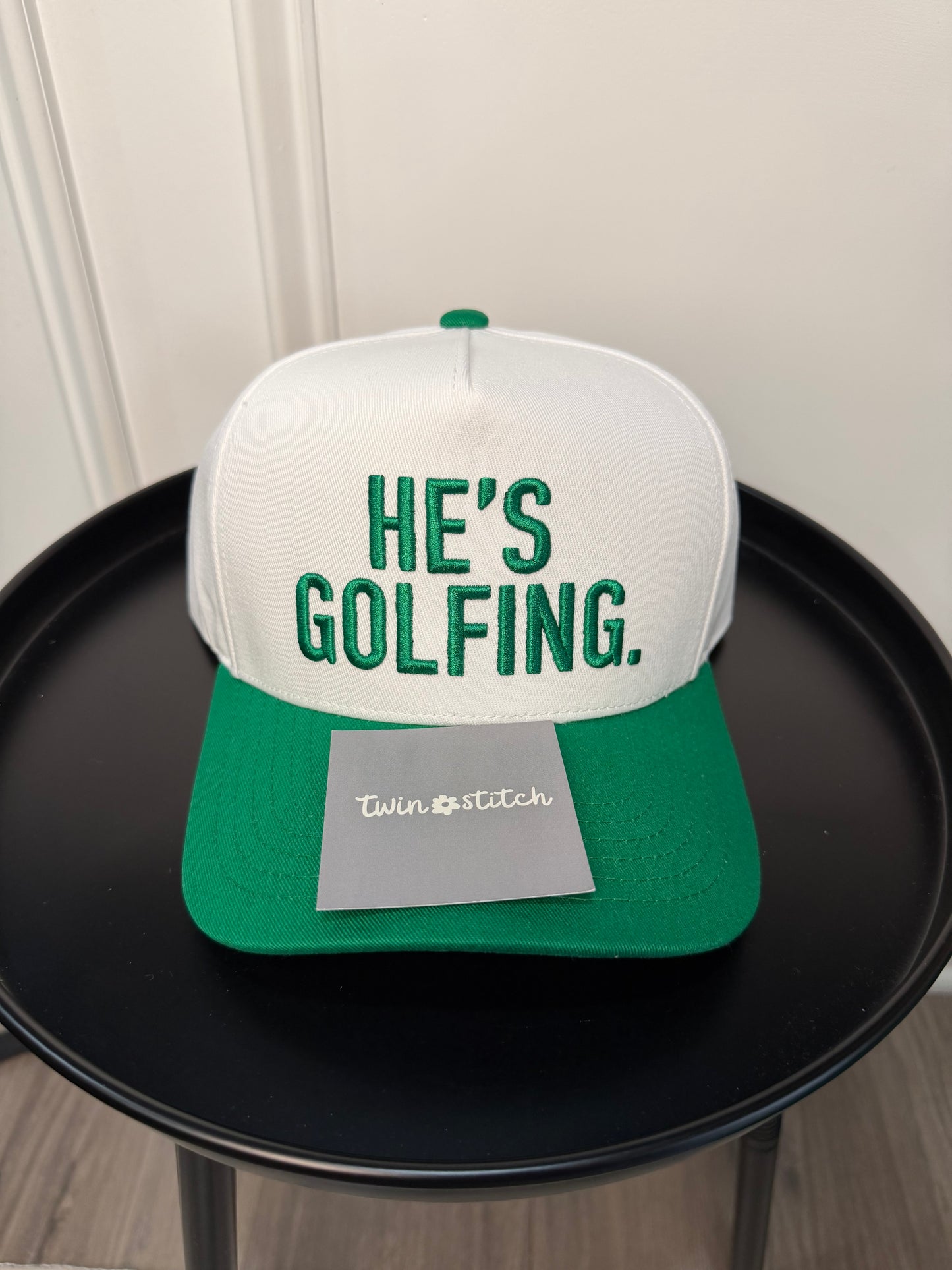HE'S GOLFING Letter Embroidered on Two Tone Trucker Hat