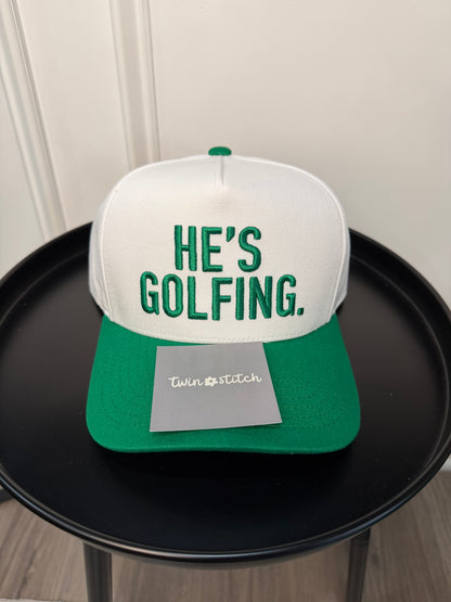 HE'S GOLFING Letter Embroidered on Two Tone Trucker Hat