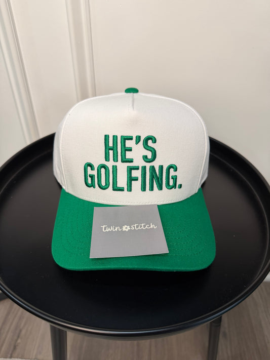 HE'S GOLFING Letter Embroidered on Two Tone Trucker Hat