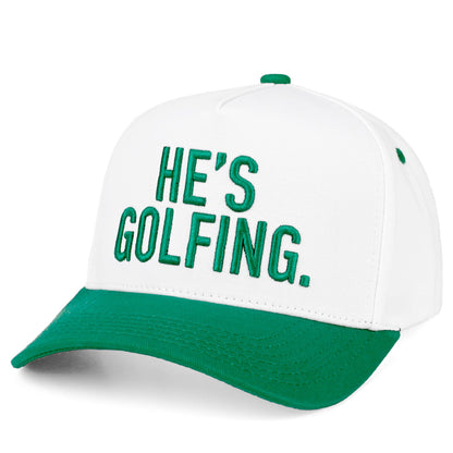HE'S GOLFING Letter Embroidered on Two Tone Trucker Hat
