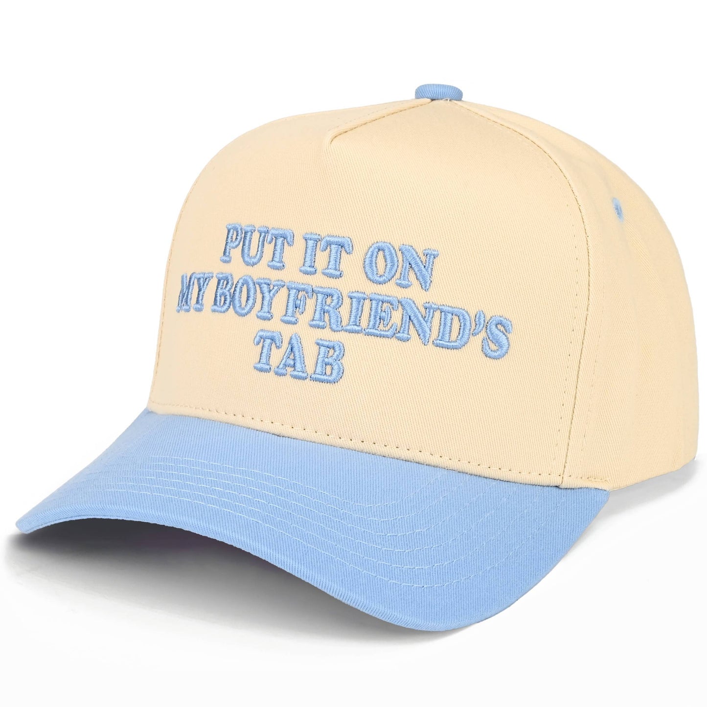 PUT IT ON MY BOYFRIEND'S TAB Letter Two Tone Trucker Hat
