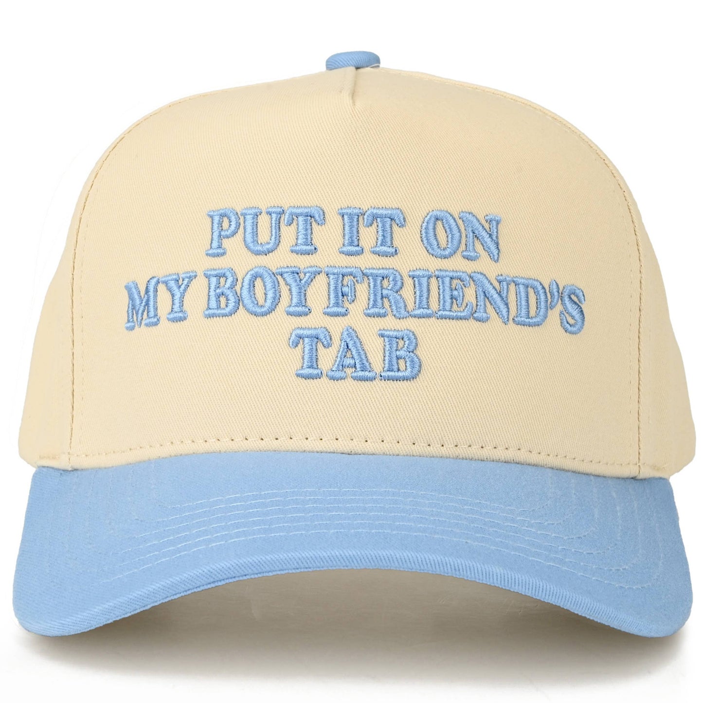 PUT IT ON MY BOYFRIEND'S TAB Letter Two Tone Trucker Hat